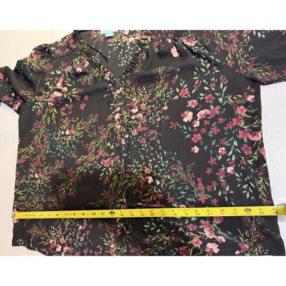 CeCe Button Up Top Womens 1x Dark Floral Romantic Cottagecore Ruffle V-Neck - Picture 7 of 9